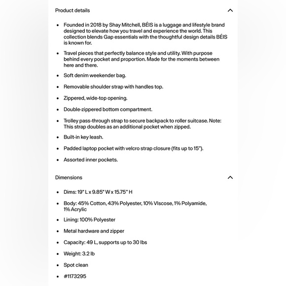 *NWT* GAP x BEIS Canvas The Weekender Back Blue Denim - Picture 8 of 9